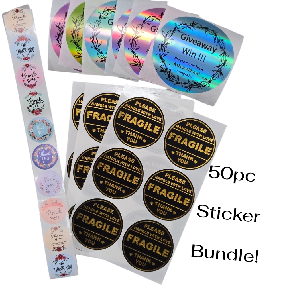 50pc Sticker Bundle! 6 Custom Giveaway Labels, 20 Floral Thank You, & 24 Fragile